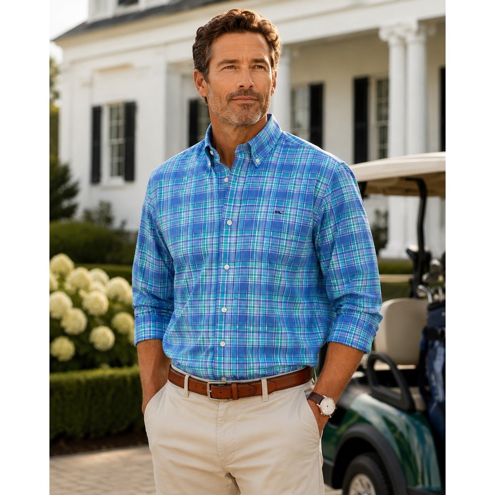 Vineyard Vines Mens Whale Shirt Blue Green Plaid Performance Button Down Medium